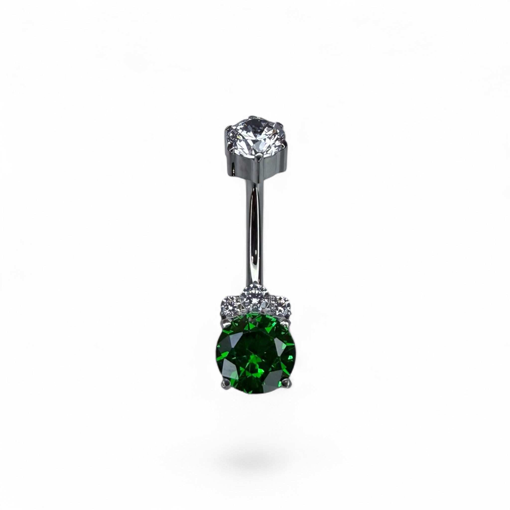 Piercing ombelico in titanio con pietra verde rotonda e dettagli luminosi